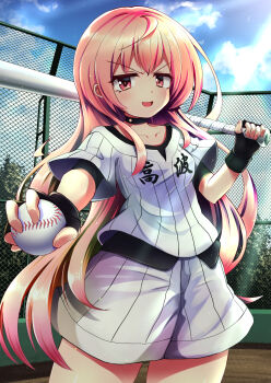 1girl ball baseball_(object) baseball_bat baseball_uniform black_choker black_gloves blue_sky chain-link_fence choker cinderella_series cloud cloudy_sky commentary_request fence fingerless_gloves gloves hachigatsu_no_cinderella_nine highres holding holding_ball holding_baseball_bat long_hair metal_baseball_bat nakajou_akina open_mouth outdoors pink_eyes pink_hair shirt shirt_under_shirt shorts sky solo sportswear striped_clothes striped_shirt striped_shorts undershirt vertical-striped_clothes vertical-striped_shirt vertical-striped_shorts very_long_hair white_shirt white_shorts yupi828