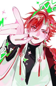 1boy black_shirt braid earrings fangs jacket jewelry long_hair long_sleeves looking_at_viewer male_focus multicolored_hair open_mouth pemaformain red_eyes red_hair shiguang_dailiren shirt smile solo sparkle tassel tassel_earrings teeth upper_body white_background white_jacket white_shirt xiao_weiying