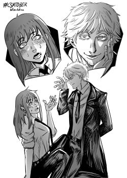 1boy 1girl artist_name black_necktie blush chainsaw_man coat denji_(chainsaw_man) dress_shirt greyscale hair_down highres makima_(chainsaw_man) monochrome necktie ringed_eyes role_reversal sharp_teeth shirt short_hair sidelocks sparse_stubble speech_bubble teeth wischkaa