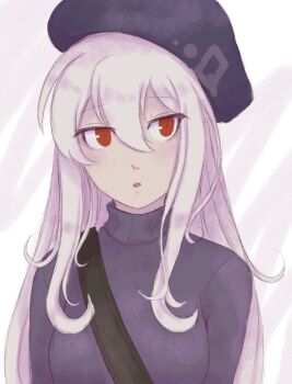 1girl alternate_costume beret black_sweater chanpotei hashtag-only_commentary hat long_hair open_mouth red_eyes sukone_tei sweater turtleneck turtleneck_sweater utau white_hair