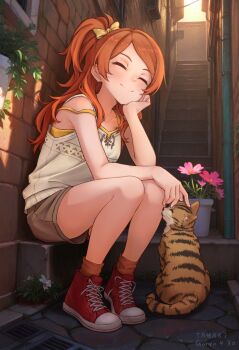 1girl ai-assisted ai-generated_background alley bow brown_hair brown_shorts brown_socks cat closed_eyes closed_mouth commentary dated drain_(object) english_commentary engrish_commentary eyelashes flower full_body ganyo226 hair_bow hand_on_own_face head_rest highres idolmaster idolmaster_million_live! industrial_pipe long_hair ogami_tamaki one_side_up pink_flower plant potted_plant red_shoes shirt shoelaces shoes shorts signature sitting smile socks solo split_mouth stairs tank_top white_shirt yellow_bow yellow_tank_top