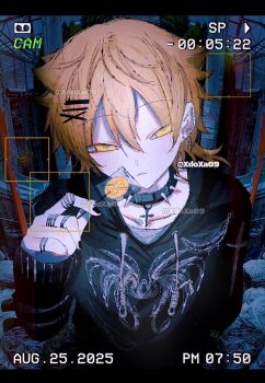 1boy alternate_costume artist_name black_hoodie brown_hair candy choker collar cross cross_choker dated ear_piercing food fushimi_gaku hair_between_eyes hair_ornament hairclip hand_up holding holding_candy holding_food holding_lollipop hood hoodie jewelry lollipop long_sleeves looking_at_viewer male_focus medium_hair multiple_rings nijisanji orange_hair piercing print_shirt ring shirt solo spiked_collar spikes virtual_youtuber x_hair_ornament xdoxa89 yellow_eyes