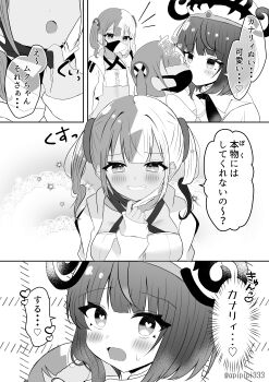 2girls 4koma absurdres apipipi333 blush bob_cut canari_(pokemon) canari_plush_(pokemon) character_doll coat comic crop_top cropped_jacket doll greyscale gwynn_(pokemon) hat heart heart-shaped_pupils highres holding holding_doll jacket long_sleeves mask mask_pull monochrome mouth_mask multiple_girls nintendo object_kiss open_clothes open_jacket pokemon pokemon_legends:_z-a short_hair sleeves_past_fingers sleeves_past_wrists speech_bubble symbol-shaped_pupils translation_request twintails twitter_username yuri