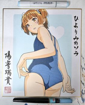 1girl adjusting_clothes adjusting_swimsuit art_tools_in_frame ass blue_one-piece_swimsuit blunt_bangs border breasts brown_hair commentary_request cowboy_shot expressionless from_behind heart hiyori_mizuki looking_at_viewer looking_back marker_(medium) new_school_swimsuit one-piece_swimsuit original outside_border photo_(medium) school_swimsuit shikishi short_hair simple_background small_breasts solo swimsuit thighs traditional_media two_side_up white_background white_border