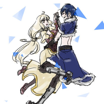 1boy 1girl acolyte_(ragnarok_online) armored_boots black_gloves black_pants blonde_hair blue_cape blue_hair blue_jacket boots brown_eyes brown_shirt brown_shoes cape capelet closed_eyes commentary_request cropped_jacket full_body fur-trimmed_cape fur-trimmed_jacket fur_trim gloves holding_hands jacket long_hair long_sleeves looking_at_another midriff open_mouth pants ragnarok_online shirt shoes short_hair short_sleeves skirt smile stalker_(ragnarok_online) toriria very_long_hair waist_cape white_background yellow_capelet yellow_skirt