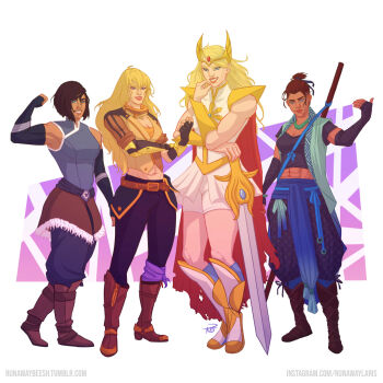 4girls abs adora_(she-ra) avatar_legends bare_shoulders beauregard_lionett black_crop_top black_pants blonde_hair blue_eyes blue_pants boots braid brown_footwear critical_role crossover dark-skinned_female dark_skin dungeons_&amp;_dragons elbow_gloves fingerless_gloves gauntlets gloves highres holding holding_sword holding_weapon korra lipstick long_hair makeup mechanical_arms midriff multiple_girls muscular muscular_female pants red_lips runawaylaris rwby she-ra_and_the_princesses_of_power shoulder_pads single_mechanical_arm skirt smile staff sword the_legend_of_korra tiara weapon white_footwear white_skirt yang_xiao_long yellow_gauntlets