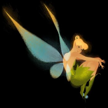 1girl aged_up backless_dress backless_outfit black_background blonde_hair blunt_bangs boots closed_mouth commentary curled_up dress fairy fairy_wings green_boots green_dress hair_bun highres looking_back po_vest_ka pointy_ears simple_background smile solo tinker_bell_(disney) walt_disney&#039;s_peter_pan wings