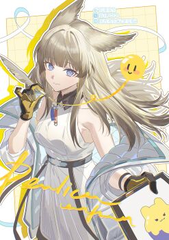 1girl absurdres animal_ears arknights arknights:_endfield bare_shoulders belt bird_ears black_belt black_gloves blue_eyes brown_hair character_name clipboard closed_mouth collared_dress commentary_request cowboy_shot diamond-shaped_pupils diamond_(shape) dress drop_shadow emoji gloves hand_up high_belt highres holding holding_clipboard holding_quill jacket kharu11 light_smile long_hair looking_at_viewer off_shoulder open_clothes open_jacket outline perlica_(arknights) quill quilted_jacket sleeveless sleeveless_dress solo symbol-shaped_pupils white_dress white_jacket white_outline wristband yellow_pupils