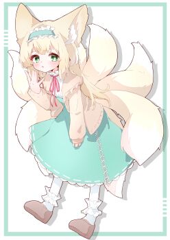 1girl absurdres animal_ears arknights blonde_hair cardigan cross-laced_clothes cross-laced_skirt cross-laced_slit fox_ears fox_girl fox_tail frilled_hairband frills full_body green_eyes hairband highres kitsune kyuubi long_hair long_sleeves multiple_tails neck_ribbon official_alternate_costume open_clothes rano_u_rabe red_ribbon ribbon shirt shoes skirt solo suzuran_(arknights) suzuran_(spring_praise)_(arknights) tail white_shirt yellow_cardigan