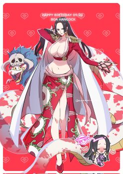 1girl black_hair blush boa_hancock cape character_name chibi closed_eyes dated earrings epaulettes fangs full_body happy_birthday heart highres jewelry kuja_pirates_jolly_roger long_hair multiple_views ninnnnnnnjin one_piece pink_sash red_background red_shoes salome_(one_piece) sash shoes side_slit sidelocks simple_background skirt skull snake snake_earrings white_cape