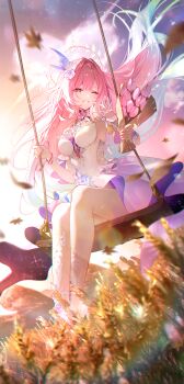 1girl ;o absurdres aqua_hair bouquet breasts commentary cyrene_(honkai:_star_rail) cyrene_(ripples_of_past_reverie)_(honkai:_star_rail) dress flower hair_flower hair_ornament halo highres holding holding_bouquet honkai:_star_rail honkai_(series) iei_(yeahhiei) large_breasts long_hair looking_at_viewer multicolored_hair on_swing one_eye_closed pink_flower pink_hair pink_tulip pointy_ears purple_eyes sky smile solo swing thighs tulip two-tone_hair very_long_hair wheat white_dress