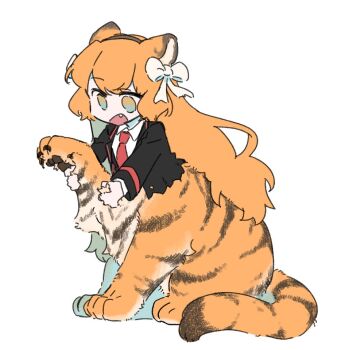 1girl black_jacket black_vest collared_shirt commentary_request fang ishmael_(project_moon) jacket lapels limbus_company long_hair long_sleeves notched_lapels open_mouth orange_eyes orange_hair project_moon shirt simple_background solo ssmr_rolling taur tiger_girl very_long_hair vest white_background white_shirt