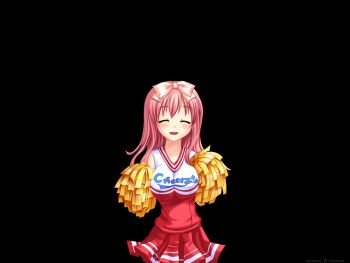 1girl ^_^ asahina_hiyori_(hara_hara!!) black_background blush bow breasts breasts_squeezed_together cheerleader closed_eyes collarbone cowboy_shot english_text fumizuki_yukari game_cg hair_between_eyes hair_bow hands_up hara_hara!! holding holding_pom_poms large_breasts long_hair looking_at_viewer military_vehicle miniskirt motor_vehicle non-web_source pink_bow pink_hair pleated_skirt pom_pom_(cheerleading) pom_poms red_skirt red_tank_top skirt solo standing tachi-e tank tank_top tareme two-tone_tank_top v-neck white_tank_top