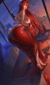 1girl :d absurdres alcohol ass bare_arms bare_shoulders black_gloves blush bottle breasts butt_crack commentary couch cup dress fingerless_gloves from_behind full_body gloves goddess_of_victory:_nikke happy_new_year high_heels highres holding holding_cup horns indoors large_breasts looking_at_viewer looking_back new_year official_alternate_costume open_mouth orange_eyes red_dress red_hair red_hood_(nikke) red_hood_(nonsense_red)_(nikke) red_shoes rororo shoes sleeveless sleeveless_dress smile standing