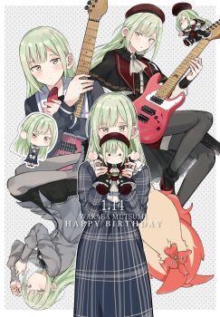 Rule 34 | 1girl, 7-string guitar, absurdres, ascot, bang dream!, bang dream! it's mygo!!!!!, beret, black ascot, black pantyhose, blue dress, blush, closed mouth, commentary, dated, dress, earrings, electric guitar, extended range guitar, green hair, grey dress, grey pantyhose, guitar, hair ornament, hairclip, hanetsuka, happy birthday, hat, highres, holding, holding guitar, holding instrument, instrument, jewelry, long hair, mortis (bang dream!), mortis (costume) (bang dream!), mortis (persona) (bang dream!), multiple views, open mouth, pantyhose, plaid clothes, plaid dress, red hat, school uniform, tsukinomori school uniform, wakaba mutsumi, wakaba mutsumi (doll), yellow eyes