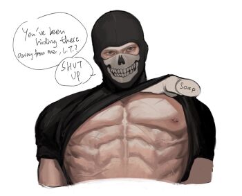 2boys bara barbell_piercing bare_pectorals call_of_duty call_of_duty:_modern_warfare_2 cropped_torso disembodied_hand english_text ghost_(modern_warfare_2) highres kdf_(nomorelemontea) lifting_another&#039;s_clothes looking_at_viewer male_focus mask multiple_boys muscular muscular_male nipple_piercing pectorals piercing short_hair skull_mask soap_(modern_warfare_2) solo_focus speech_bubble undressing_another yaoi