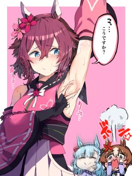 3girls animal_ears arm_up armpit_focus armpits blue_hair blush breasts brown_hair closed_eyes closed_mouth commentary_request detached_sleeves embarrassed hair_between_eyes hair_ornament highres horse_ears horse_girl long_hair mejiro_ardan_(umamusume) multiple_girls pink_hair rakugosha_(straggler_house) ribbon sakura_chiyono_o_(hinoshita_kaisan_hana_akari)_(umamusume) sakura_chiyono_o_(umamusume) simple_background smile spread_armpit sweat umamusume yaeno_muteki_(umamusume)