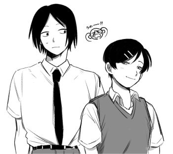 1boy 1girl collared_shirt commentary_request cousins futsuu_no_keion-bu greyscale height_difference kouyama_rin light_smile looking_at_another monochrome necktie parted_bangs pixie_cut school_uniform shirt short_hair short_sleeves simple_background sio_megane small_sweatdrop sweater_vest taguchi_ryuuya upper_body white_background