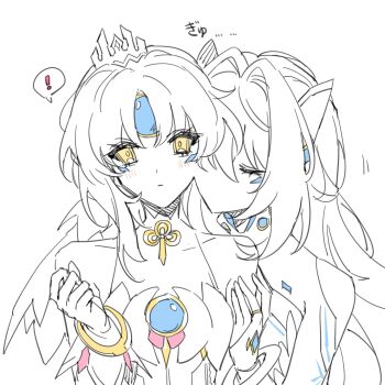 Rule 34 | !, 2girls, bare shoulders, bodysuit, bracelet, closed eyes, code: esencia (elsword), code: sariel (elsword), collarbone, cuddling, dress, eirlys els, elsword, eve (elsword), gloves, hair intakes, hair ornament, hand on another's arm, head ornament, head tilt, highres, jewelry, leaning on person, light blush, long hair, medium hair, monochrome, multiple girls, spot color, tiara, white background