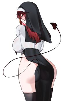 Rule 34 | 1girl, absurdres, akane lize, ass, black eyes, black skirt, black veil, blush, breasts, bright pupils, closed mouth, commentary request, cowboy shot, demon tail, from behind, highres, korean commentary, large breasts, long hair, long skirt, looking at viewer, looking back, no panties, nun, red hair, red pupils, shirt, side slit, sideways glance, simple background, skirt, solo, standing, stellive, tail, turning head, veil, virtual youtuber, white background, white shirt, yeomhwauranyum