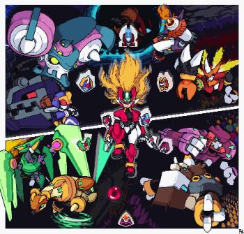 1girl aile_(mega_man_zx) armor balloon biometal blonde_hair blush breasts cropped_jacket dual_wielding energy_gun energy_sword finger_on_trigger fire fish fistleo_(mega_man) flammole_(mega_man) green_eyes gun helmet highres hivolt_the_raptoroid holding holding_gun holding_sword holding_weapon hurricaune_the_wolveroid_(mega_man) jacket leganchor_the_gelroid_(mega_man) lion long_hair lurerre_the_abysroid mechanical_wings medium_breasts mega_man_(series) mega_man_zx model_f_(mega_man) model_h_(mega_man) model_l_(mega_man) model_o_(mega_man) model_p_(mega_man) model_w_(mega_man) model_x_(mega_man) model_z_(mega_man) model_zx_(mega_man) mole non-humanoid_robot omega_(mega_man) open_clothes open_jacket pixel_art power_armor protectos_the_goreroid_(mega_man) purprill_the_mandroid_(mega_man) raptor red_armor red_footwear red_helmet red_jacket rhinoceros robot robot_animal strawpact sword weapon wings