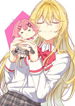 &gt;_&lt; amaori_renako ashigaya_high_school_uniform blonde_hair braid cardigan cardigan_around_waist clothes_around_waist flying_sweatdrops highres holding_chibi koala long_hair mono9ron ouzuka_mai pink_hair school_uniform short_hair smile upper_body watashi_ga_koibito_ni_nareru_wake_naijan_murimuri!