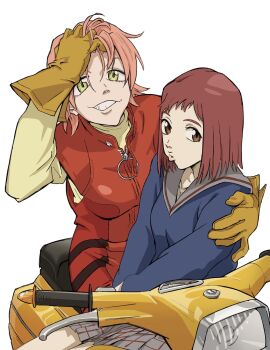 Rule 34 | 2girls, breasts, brown eyes, flcl, gloves, green eyes, hair between eyes, haruhara haruko, highres, lips, medium breasts, motor vehicle, multiple girls, pink hair, pink punk ponk, red hair, samejima mamimi, school uniform, scooter, simple background, sitting, sitting on person, skirt, teeth, vespa, white background, yellow gloves