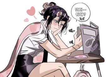 1girl black_necktie black_skirt blanket blue_eyes book busuttt chainsaw_man closed_mouth crossed_legs desk food_print fruit_print hair_bun hair_curl hand_on_own_cheek hand_on_own_face heart highres necktie purple_hair reze_(chainsaw_man) shirt shirt_tucked_in sitting skirt solo speech_bubble strawberry_print white_background white_shirt