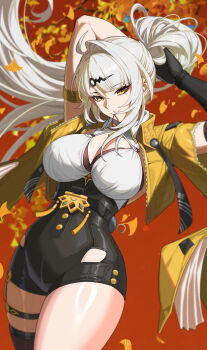 1girl absurdres alternate_hairstyle black_gloves black_unitard breasts chinese_commentary cleavage commentary_request elbow_gloves falling_petals fingerless_gloves floating_hair ginkgo_leaf gloves hair_ornament high-waist_shorts highres large_breasts leaf letter_hair_ornament long_hair looking_at_viewer petals ponytail red_background shorts single_elbow_glove single_hair_intake solo tang_ke tying_hair white_hair yellow_eyes yixuan_(zenless_zone_zero) zenless_zone_zero