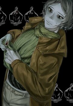 1boy absurdres bags_under_eyes black_eyes black_hair blank_stare blood blood_on_hands bloodshot_eyes brown_jacket clothes_lift coat_guy_(no_i&#039;m_not_a_human) expressionless highres hole_in_chest hole_on_body jacket katsumira male_focus no_i&#039;m_not_a_human open_clothes open_jacket scarf shirt shirt_lift short_hair solo striped_clothes striped_shirt trash_bag