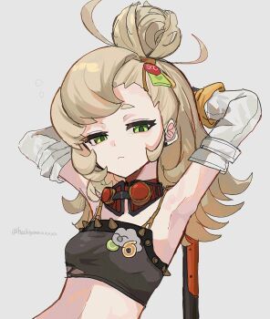 Rule 34 | 1girl, arms behind head, black tube top, blonde hair, breasts, commentary request, crop top, detached sleeves, gloves, goggles, goggles around neck, green eyes, grey background, hair bun, hair ornament, highres, long hair, looking at viewer, piper wheel, piyomaru (hachiyonnxxxx), simple background, small breasts, solo, strapless, tube top, upper body, white sleeves, yellow gloves, zenless zone zero