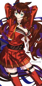 Rule 34 | 1girl, animal ears, arms behind head, blue eyes, bow, breasts, brown hair, brown sailor collar, character name, cleavage, commentary request, cropped jacket, ear bow, green eyes, hair between eyes, highres, horse ears, horse girl, horse tail, jacket, jagaimobeniko, large breasts, long hair, long sleeves, looking at viewer, maruzensky (formula r) (umamusume), maruzensky (umamusume), open mouth, pendant choker, red jacket, red serafuku, red shirt, red skirt, red thighhighs, sailor collar, school uniform, serafuku, shirt, simple background, skirt, smile, solo, tail, thighhighs, umamusume