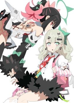 2girls absurdres back bandaid bandaid_hair_ornament bare_shoulders black_hair black_skirt black_thighhighs blush bow chinatsu_remiel closed_mouth collar colored_inner_hair commentary commentary_request cowboy_shot earrings fake_wings fur-trimmed_skirt fur-trimmed_sleeves fur_trim green_bow green_eyes green_hair green_halo hair_ornament halo highres jewelry looking_at_viewer multicolored_eyes multicolored_hair multiple_girls multiple_hair_clips multiple_thigh_straps musical_note_earrings necktie open_mouth pink_arm_warmers pink_bag pink_eyes pink_hair ponytail print_necktie raised_eyebrows red_eyes red_necktie rinaka ring_hair_ornament rokudu_sariel scar scar_on_back shadow shirt sideways_glance simple_background single_wing skirt striped_arm_warmers thighhighs too_many_bows white_background white_shirt white_wings winged_bag wings zenless_zone_zero