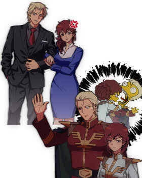 1boy 1girl amuro_ray anger_vein arm_hug black_cape black_jacket black_pants black_shirt black_vest blonde_hair blue_dress blue_eyes braid braided_bun brown_hair cape char's_counterattack char_aznable closed_mouth collared_dress collared_shirt colored_skin commentary_request couple cropped_legs dress formal_clothes genderswap genderswap_(mtf) gundam hair_bun hair_over_shoulder hair_up hand_up hetero highres jacket long_hair long_sleeves matt_groening_(style) military_uniform multiple_views necktie neo_zeon pants parted_lips red_necktie shirt short_hair simple_background strangling suit suit_jacket the_simpsons tongue tongue_out two-tone_dress upper_body vest white_background yellow_skin yy0880yy