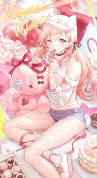 1girl absurdres animal_hat bare_shoulders black_choker blonde_hair blush breasts cake cat_hat choker cleavage cleavage_cutout clothing_cutout commentary commission english_commentary fishnet_pantyhose fishnets food fork gradient_hair hair_ornament hat highres holding holding_fork legs long_hair looking_at_viewer medium_breasts momose_nina multicolored_hair one_eye_closed pantyhose pink_hair pixiv_commission project_nebula red_eyes sitting solo sowb stuffed_animal stuffed_toy sweets teddy_bear thighs twintails utensil_in_mouth