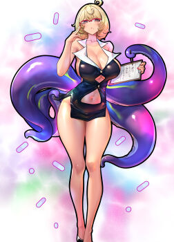 1girl absurdres accessories adjusting_eyewear bare_legs bare_shoulders black_dress black_shoes blonde_hair breasts cleavage clothing_cutout collarbone commentary_request dress glasses hand_on_eyewear highres large_breasts mole mole_under_mouth monster_girl navel navel_cutout nicchi note octopus paper pen pill purple_eyes scylla shoes short_dress short_hair sideboob solo standing stomach tentacle_girl tentacle_grab tentacle_tail tentacles thighs underboob yellow_pupils yidhari_murphy zenless_zone_zero