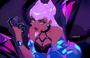 1boy artist_name asymmetrical_bangs black_choker bracelet breasts choker claw_(weapon) cone_hair_bun cropped_jacket dark_skin demon demon_girl earrings evelynn_(league_of_legends) eyeshadow floating_earrings garen_(league_of_legends) green_eyeshadow hair_bun highres jacket jewelry jinzillaa k/da_all_out_evelynn league_of_legends long_hair looking_at_viewer makeup medium_breasts o-ring off_shoulder open_clothes open_jacket purple_background purple_hair purple_jacket purple_lips revealing_clothes slit_pupils the_baddest_evelynn tiny tongue tongue_out weapon