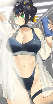 1girl absurdres ahoge bare_shoulders bikini black_bikini blonde_hair breasts collarbone commentary_request dot_nose dougaku_(passionpit777) duel_monster green_eyes hair_between_eyes hair_ornament headgear highres holding large_breasts navel ponytail s-force_rappa_chiyomaru s:p_little_knight see-through_clothes see-through_shirt shirt solo stomach swimsuit thigh_strap yu-gi-oh!