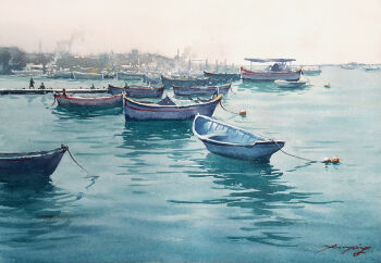 Rule 34 | 2others, boat, buoy, harbor, multiple others, nara watercolor, ocean, original, painting (medium), pier, rope, scenery, shore, traditional media, water, watercolor (medium), watercraft