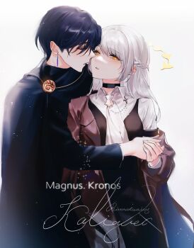 1boy 1girl black_choker black_hair braid brown_coat choker closed_eyes coat collared_shirt hair_between_eyes half_up_braid half_updo highres holding_hands long_hair original parted_lips shirt short_hair white_background white_hair white_shirt yellow_eyes yp1091