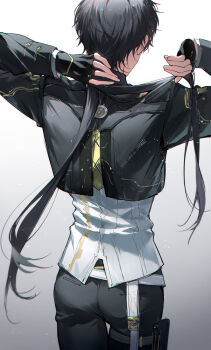 1boy black_gloves black_hair black_jacket black_pants cowboy_shot cropped_jacket fingerless_gloves from_behind gloves highres holster jacket long_hair long_sleeves male_focus male_rover_(perpetual_spark)_(wuthering_waves) male_rover_(wuthering_waves) official_alternate_costume pants rover_(wuthering_waves) shirt solo standing thigh_holster tying_hair very_long_hair watashi_wa_chibi white_shirt wuthering_waves