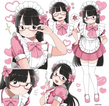 1girl absurdres anger_vein apron black_hair bow bowtie commentary dress frilled_apron frills glasses heart highres long_hair maid maid_apron maid_headdress mary_janes multiple_views nagomurasan original pink_bow pink_bowtie pink_dress puffy_short_sleeves puffy_sleeves red-framed_eyewear semi-rimless_eyewear shoes short_sleeves simple_background smile sparkle spoken_anger_vein symbol-only_commentary thighhighs white_apron white_background white_thighhighs