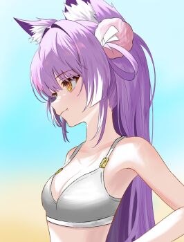 1girl animal_ear_fluff animal_ears armpit_peek artist_request bra breasts choppy_bangs cleavage closed_mouth commentary_request fang fox_ears from_side gradient_background grey_bra hair_intakes hair_ornament hair_rings highres korean_commentary looking_ahead medium_breasts multicolored_hair no_shirt pom_pom_(clothes) pom_pom_hair_ornament purple_hair second-party_source smile solo stellive straight_hair streaked_hair tenko_shibuki underwear upper_body virtual_youtuber yellow_eyes