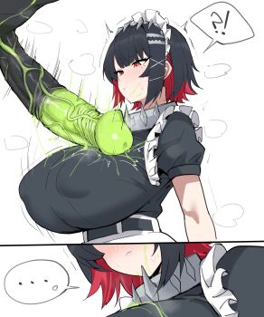 !? ... 1boy 1girl absurdres alternate_breast_size animal_penis aroused black_hair breasts collar colored_inner_hair covered_erect_nipples ellen_joe ethereal_(zenless_zone_zero) green_penis hair_ornament hairband hairclip heavy_breathing hetero highres horse_penis huge_breasts huge_penis interspecies looking_at_penis looking_down maid maid_headdress metal_collar metal_hairband multicolored_hair penis penis_awe red_eyes red_hair shirt_tucked_in short_hair spoken_ellipsis steam steaming_body two-tone_hair uncensored veins veiny_penis white_background x_hair_ornament xipa zenless_zone_zero