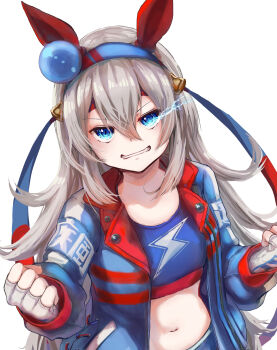 1girl animal_ears blue_eyes blue_hairband blue_jacket blue_ribbon blue_sports_bra clenched_hands commentary_request dual_persona ear_covers electricity eye_trail fingerless_gloves gloves grey_hair grin hair_between_eyes hairband headband highres horse_ears horse_girl jacket light_trail lightning_bolt_print long_hair long_sleeves looking_at_viewer matsukuzu multicolored_hairband navel open_clothes open_jacket red_hairband red_headband red_ribbon ribbon simple_background smile solo sports_bra stomach tamamo_cross_(umamusume) tamamo_cross_(with_lightning_speed)_(umamusume) two-tone_hairband two-tone_ribbon umamusume upper_body v-shaped_eyebrows white_background white_gloves