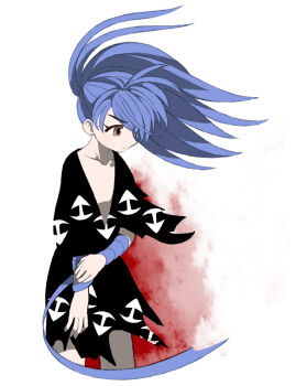 Rule 34 | 1boy, blue hair, brown eyes, closed mouth, commentary request, dororo (tezuka), expressionless, highres, hyakkimaru (dororo), japanese clothes, long hair, long sleeves, looking ahead, male focus, ponytail, simple background, solo, tanba (tanba-art), upper body, white background