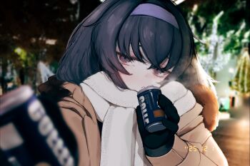 1girl absurdres alternate_costume black_gloves black_hair blue_archive blue_eyes blue_hairband blurry blurry_background blurry_foreground brown_coat can closed_mouth coat dated fur-trimmed_coat fur_trim gloves hairband highres holding holding_can incoming_drink long_hair long_sleeves looking_at_viewer night outdoors purple_scarf scarf solo suzukano_pon ui_(blue_archive) upper_body white_scarf