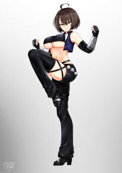 1girl absurdres ahoge alternate_costume artist_logo asymmetrical_clothes azur_lane baltimore_(azur_lane) bare_shoulders black_gloves black_leg_warmers black_pants black_shirt black_shoes blue_vest braid braided_bangs breasts brown_hair clenched_hands closed_mouth commentary commission crop_top cropped_vest elbow_gloves english_commentary fingerless_gloves full_body gauntlets gloves hair_between_eyes hands_up high_heels highres large_breasts leg_warmers logo looking_at_viewer navel open_clothes open_vest pants shirt shoes shon_(seanwave) short_hair sidelocks simple_background single_leg_warmer single_pantsleg sleeveless sleeveless_shirt solo standing standing_on_one_leg stomach thigh_strap underboob vest white_background yellow_eyes