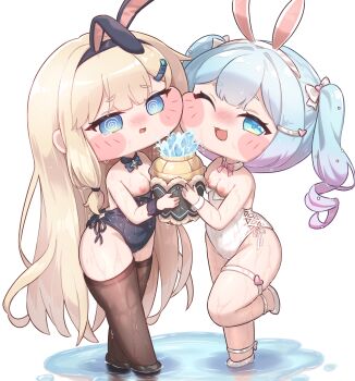 2girls :3 @_@ absurdres animal_ears blonde_hair blue_eyes blue_hair blush breasts chibi commentary_request covered_navel full_body gradient_hair hair_ornament hairband hairclip highres holding long_hair multicolored_hair multiple_girls naia_(trickcal) nipples no_nose one_eye_closed open_mouth playboy_bunny rabbit_ears shasha_(trickcal) short_eyebrows simple_background standing thick_thighs thighhighs thighs trickcal twintails variant_set wet wet_clothes white_background white_hairband wjddn wrist_cuffs