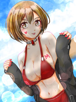 Rule 34 | 1girl, beach, belly, bikini, bra, breasts, commentary request, highres, kazm00, meiko (vocaloid), muscular, red skirt, skirt, sky, swimsuit, tattoo, tongue, tongue out, underwear, vocaloid